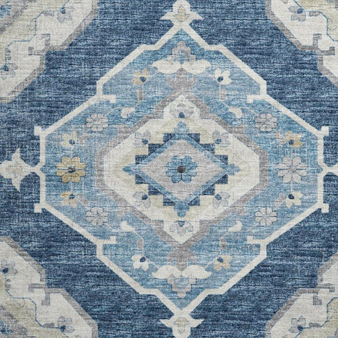 9' X 12' Blue And Ivory Tribal Distressed Washable Area Rug With UV Protection