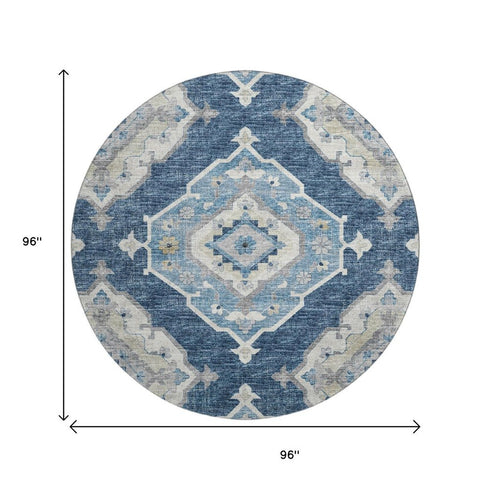 9' X 12' Blue And Ivory Tribal Distressed Washable Area Rug With UV Protection