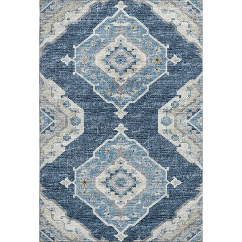 9' X 12' Blue And Ivory Tribal Distressed Washable Area Rug With UV Protection