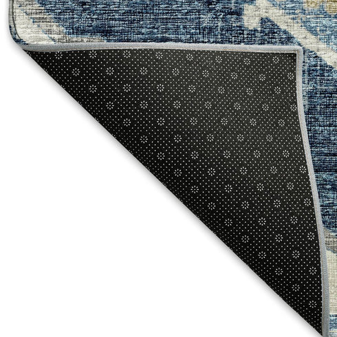 9' X 12' Blue And Ivory Tribal Distressed Washable Area Rug With UV Protection