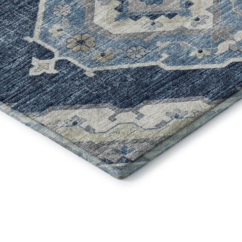 9' X 12' Blue And Ivory Tribal Distressed Washable Area Rug With UV Protection