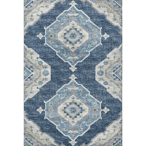 9' X 12' Blue And Ivory Tribal Distressed Washable Area Rug With UV Protection