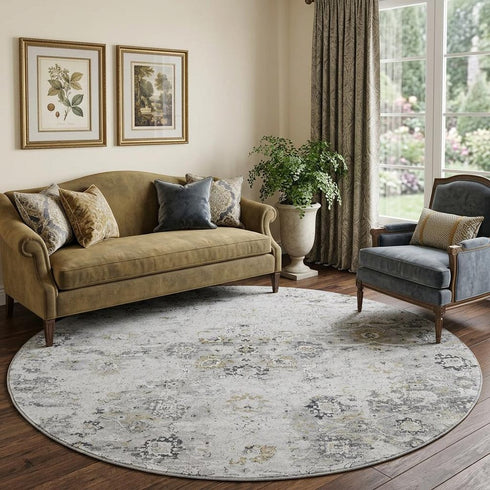 9' X 12' Light Gray And Charcoal Floral Medallion Distressed Washable Area Rug With UV Protection