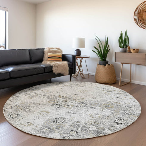 9' X 12' Light Gray And Charcoal Floral Medallion Distressed Washable Area Rug With UV Protection