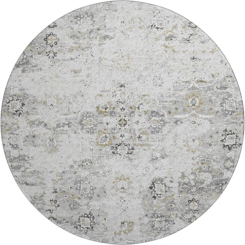 9' X 12' Light Gray And Charcoal Floral Medallion Distressed Washable Area Rug With UV Protection
