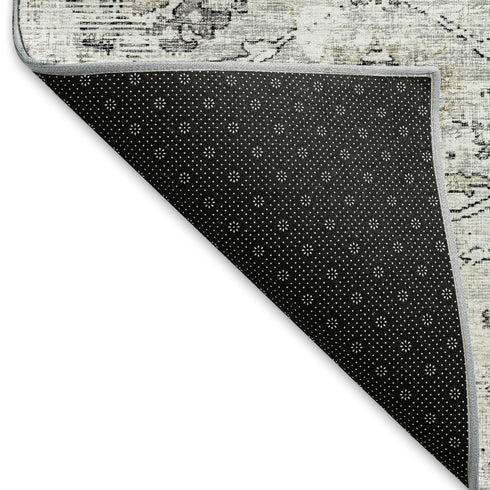 9' X 12' Light Gray And Charcoal Floral Medallion Distressed Washable Area Rug With UV Protection