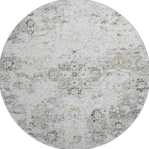 9' X 12' Light Gray And Charcoal Floral Medallion Distressed Washable Area Rug With UV Protection