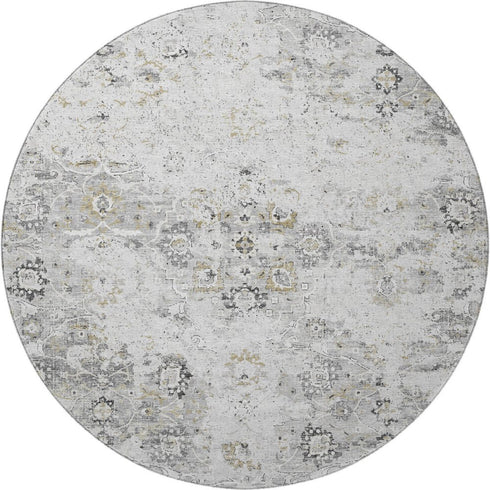 9' X 12' Light Gray And Charcoal Floral Medallion Distressed Washable Area Rug With UV Protection