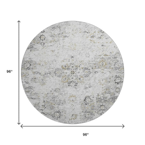9' X 12' Light Gray And Charcoal Floral Medallion Distressed Washable Area Rug With UV Protection