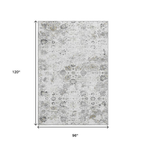 9' X 12' Light Gray And Charcoal Floral Medallion Distressed Washable Area Rug With UV Protection