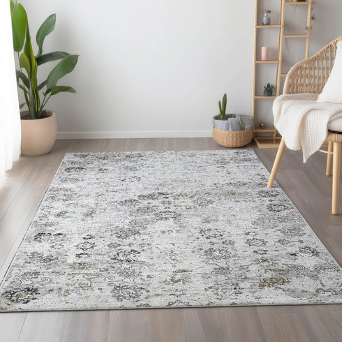 9' X 12' Light Gray And Charcoal Floral Medallion Distressed Washable Area Rug With UV Protection
