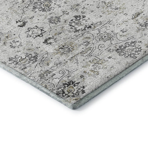 9' X 12' Light Gray And Charcoal Floral Medallion Distressed Washable Area Rug With UV Protection