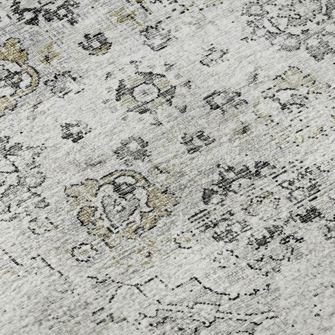 9' X 12' Light Gray And Charcoal Floral Medallion Distressed Washable Area Rug With UV Protection