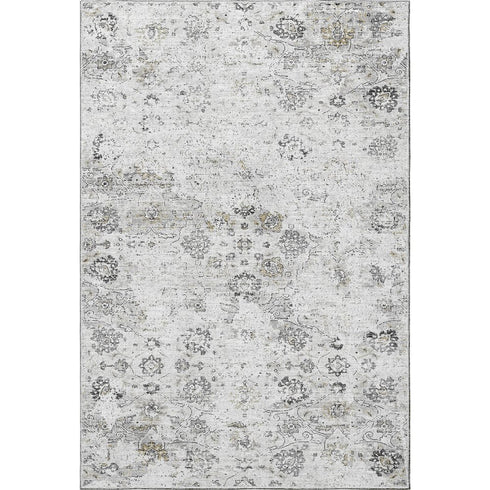 9' X 12' Light Gray And Charcoal Floral Medallion Distressed Washable Area Rug With UV Protection