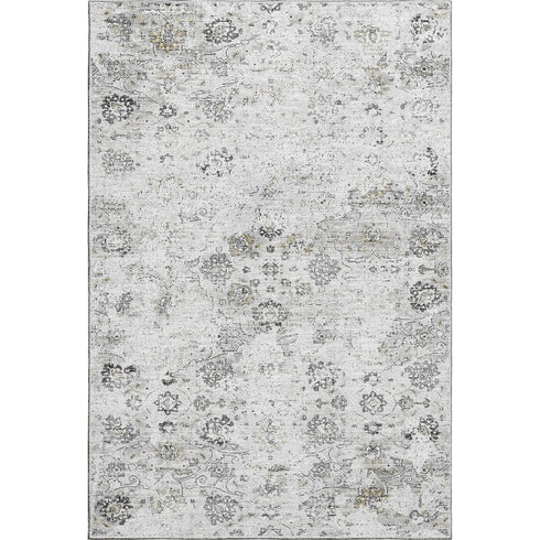 9' X 12' Light Gray And Charcoal Floral Medallion Distressed Washable Area Rug With UV Protection