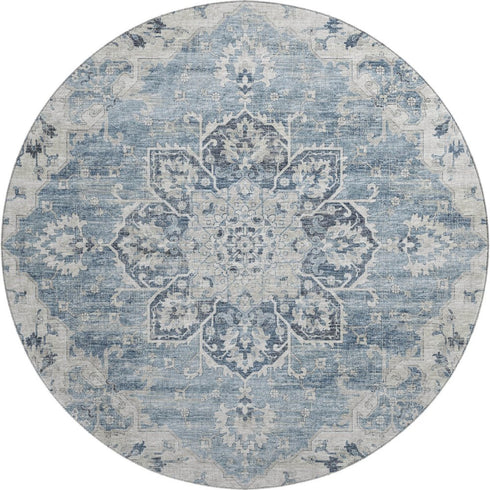 9' X 12' Blue Ivory And Gray Floral Medallion Distressed Washable Area Rug With UV Protection