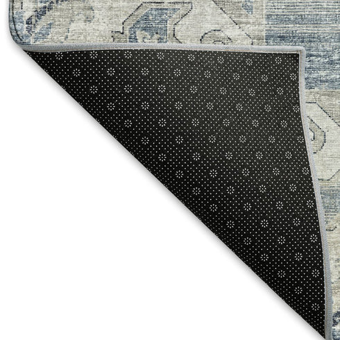 9' X 12' Blue Ivory And Gray Floral Medallion Distressed Washable Area Rug With UV Protection