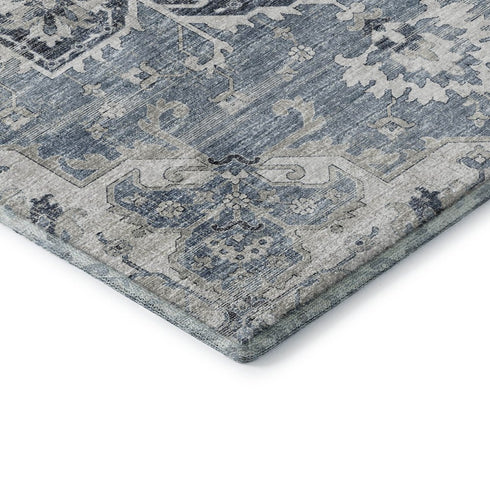 9' X 12' Blue Ivory And Gray Floral Medallion Distressed Washable Area Rug With UV Protection