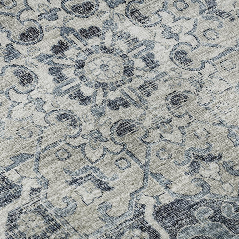 9' X 12' Blue Ivory And Gray Floral Medallion Distressed Washable Area Rug With UV Protection