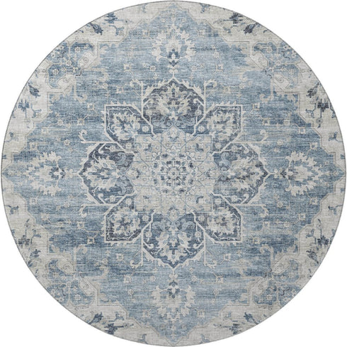 9' X 12' Blue Ivory And Gray Floral Medallion Distressed Washable Area Rug With UV Protection