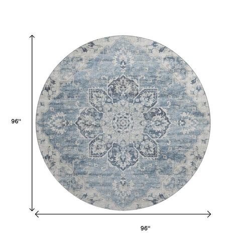 9' X 12' Blue Ivory And Gray Floral Medallion Distressed Washable Area Rug With UV Protection