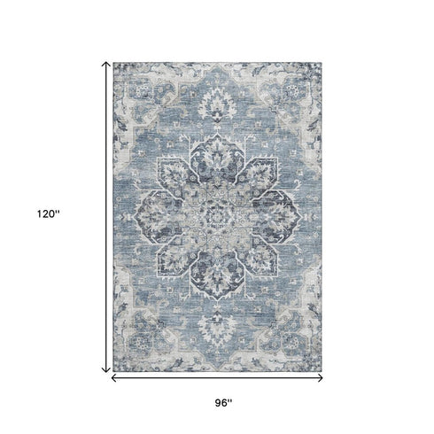 9' X 12' Blue Ivory And Gray Floral Medallion Distressed Washable Area Rug With UV Protection
