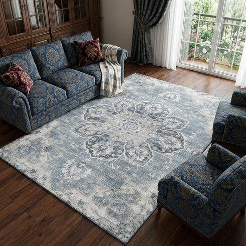 9' X 12' Blue Ivory And Gray Floral Medallion Distressed Washable Area Rug With UV Protection