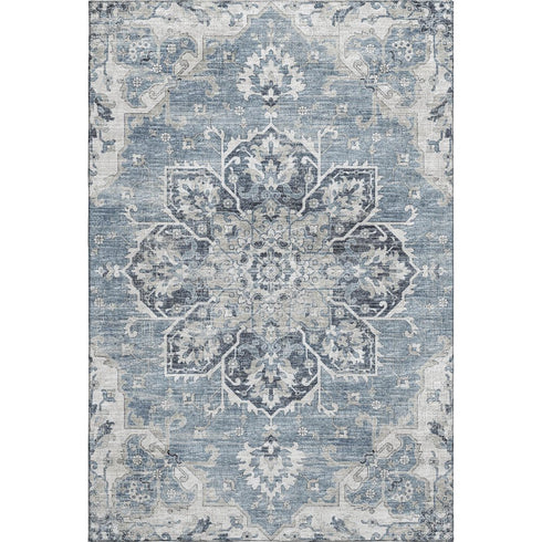 9' X 12' Blue Ivory And Gray Floral Medallion Distressed Washable Area Rug With UV Protection