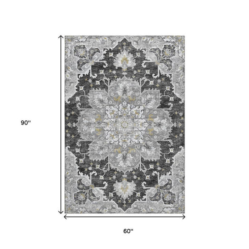 9' X 12' Graphite Gold And Charcoal Floral Medallion Distressed Washable Area Rug With UV Protection