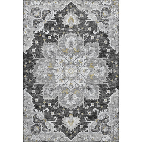 9' X 12' Graphite Gold And Charcoal Floral Medallion Distressed Washable Area Rug With UV Protection