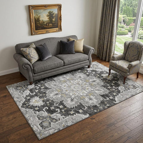 9' X 12' Graphite Gold And Charcoal Floral Medallion Distressed Washable Area Rug With UV Protection