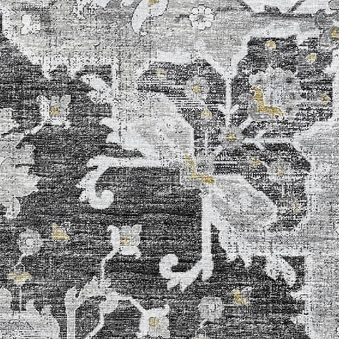 9' X 12' Graphite Gold And Charcoal Floral Medallion Distressed Washable Area Rug With UV Protection