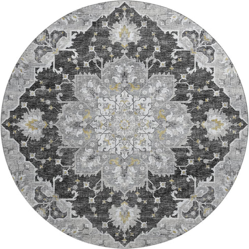 9' X 12' Graphite Gold And Charcoal Floral Medallion Distressed Washable Area Rug With UV Protection