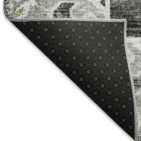 9' X 12' Graphite Gold And Charcoal Floral Medallion Distressed Washable Area Rug With UV Protection