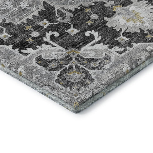 9' X 12' Graphite Gold And Charcoal Floral Medallion Distressed Washable Area Rug With UV Protection