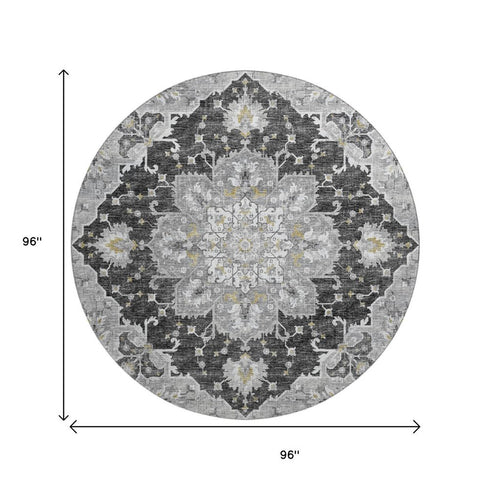 9' X 12' Graphite Gold And Charcoal Floral Medallion Distressed Washable Area Rug With UV Protection