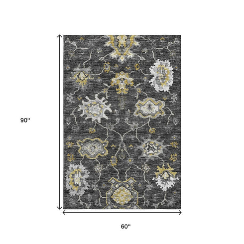 9' X 12' Graphite Ivory And Gold Floral Medallion Distressed Washable Area Rug With UV Protection