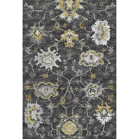 9' X 12' Graphite Ivory And Gold Floral Medallion Distressed Washable Area Rug With UV Protection