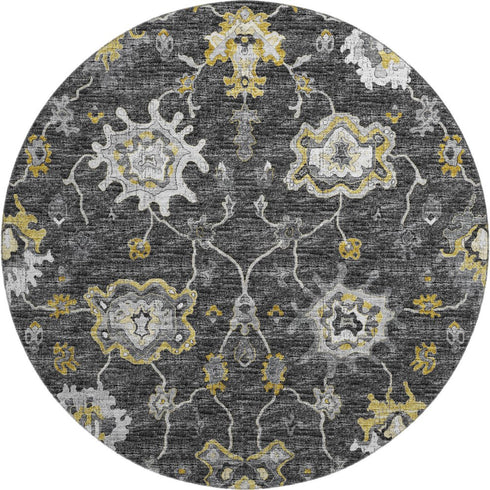 9' X 12' Graphite Ivory And Gold Floral Medallion Distressed Washable Area Rug With UV Protection