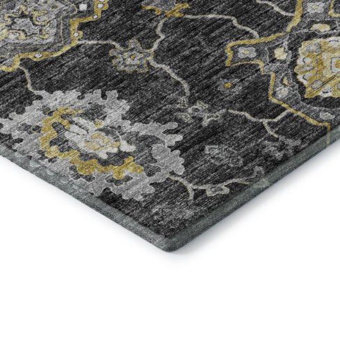 9' X 12' Graphite Ivory And Gold Floral Medallion Distressed Washable Area Rug With UV Protection