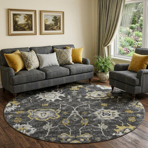 9' X 12' Graphite Ivory And Gold Floral Medallion Distressed Washable Area Rug With UV Protection