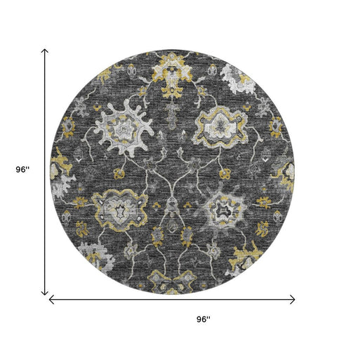 9' X 12' Graphite Ivory And Gold Floral Medallion Distressed Washable Area Rug With UV Protection