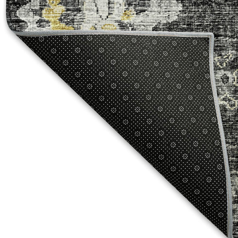 9' X 12' Graphite Ivory And Gold Floral Medallion Distressed Washable Area Rug With UV Protection