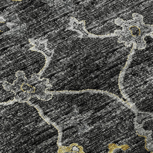 9' X 12' Graphite Ivory And Gold Floral Medallion Distressed Washable Area Rug With UV Protection