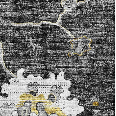 9' X 12' Graphite Ivory And Gold Floral Medallion Distressed Washable Area Rug With UV Protection