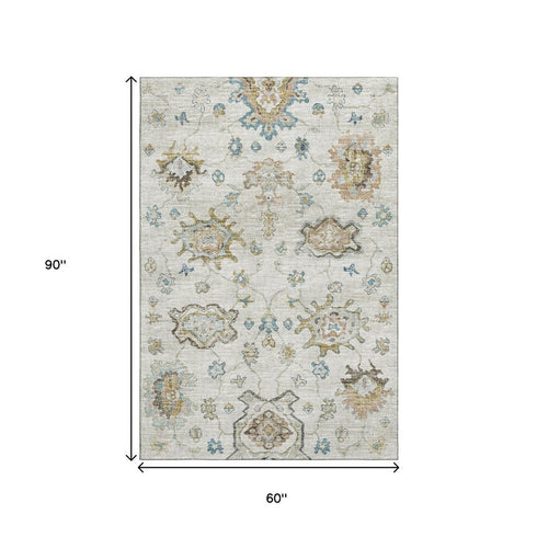 5' X 8' Blue Coffee And Linen Floral Medallion Distressed Washable Area Rug With UV Protection