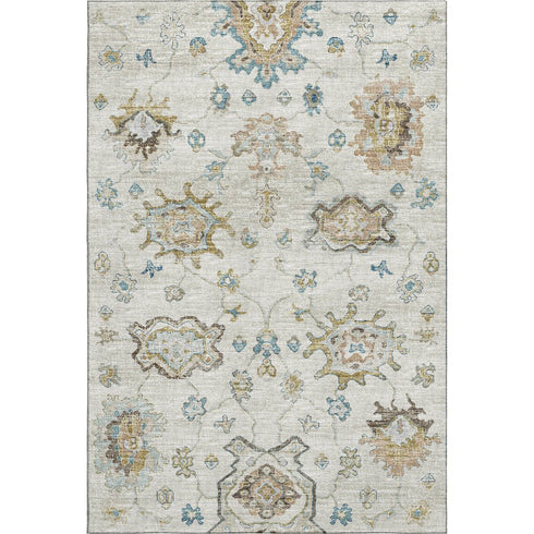5' X 8' Blue Coffee And Linen Floral Medallion Distressed Washable Area Rug With UV Protection