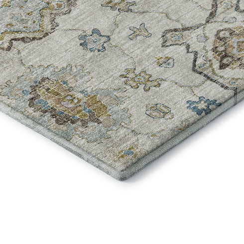 5' X 8' Blue Coffee And Linen Floral Medallion Distressed Washable Area Rug With UV Protection