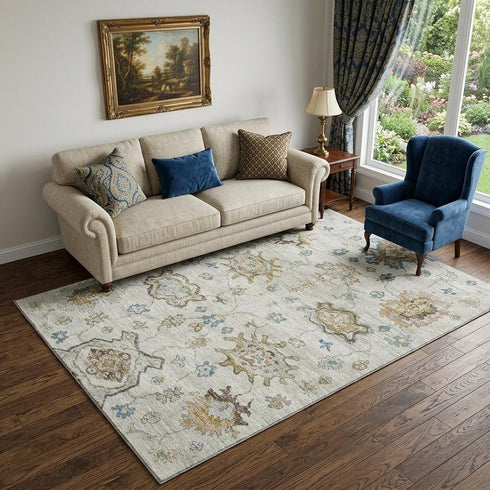 5' X 8' Blue Coffee And Linen Floral Medallion Distressed Washable Area Rug With UV Protection