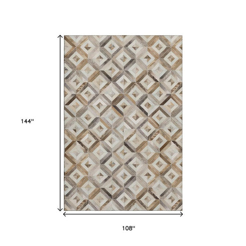 9' X 12' Gray Brown And Ivory Geometric Washable Area Rug With UV Protection